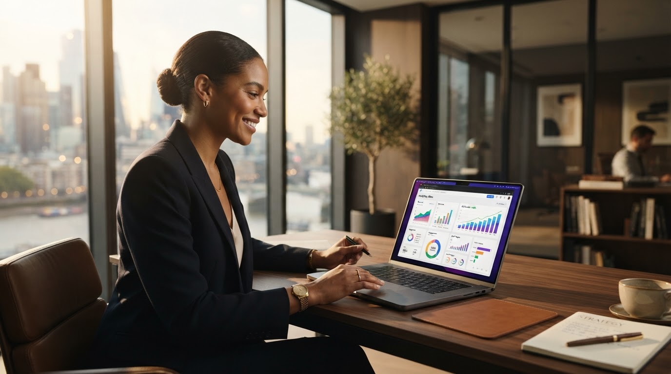 Confident business owner reviewing digital growth analytics on a sleek laptop in a modern office