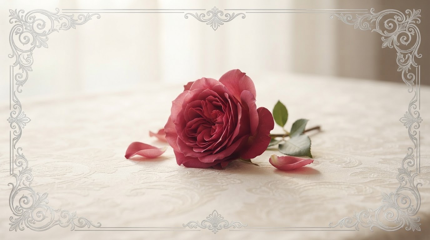 A single deep-rose garden rose with delicate silver filigree on warm ivory
