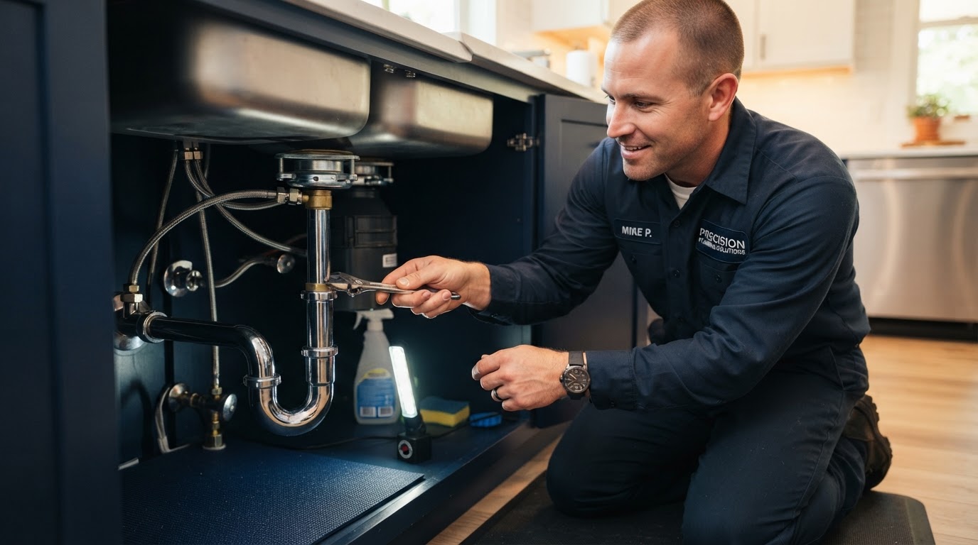 Professional plumber servicing a modern kitchen sink