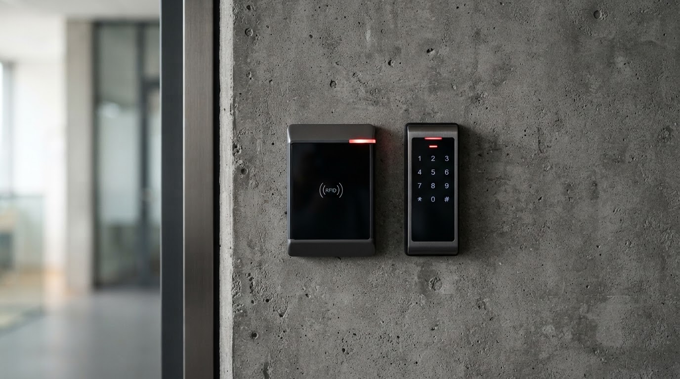 Integrated commercial security control panel and access reader mounted on a concrete wall