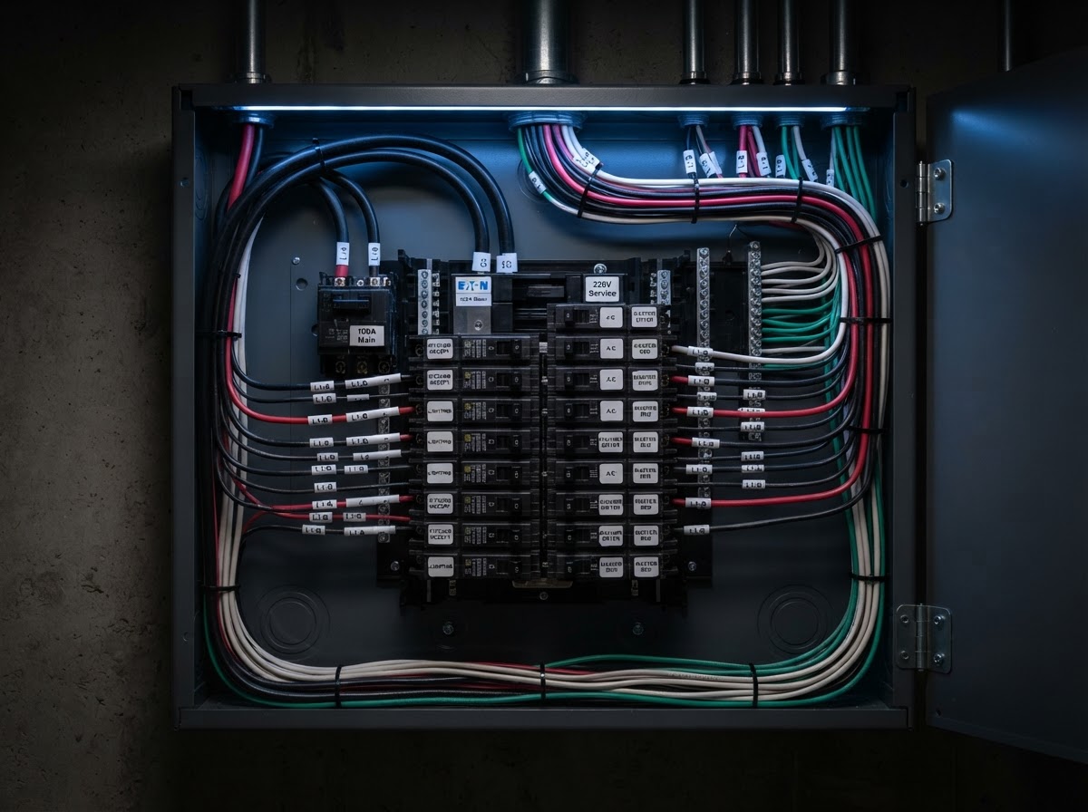 Meticulously installed electrical panel with neatly bundled and labeled wires