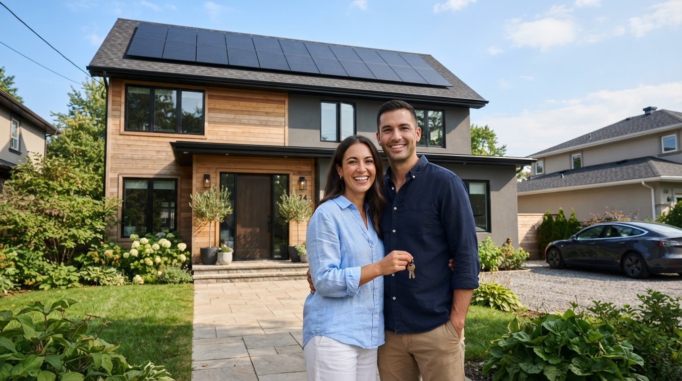 Happy homeowners in front of their home with all-black solar panels