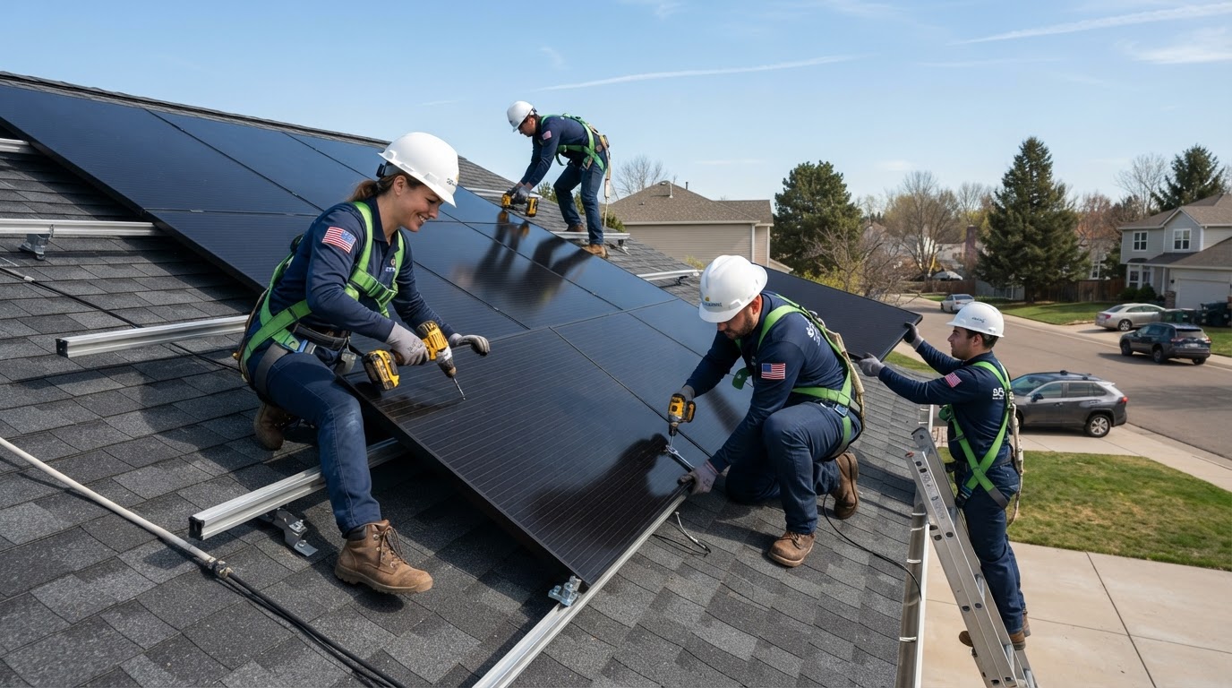 Crew installing sleek all-black solar panels on a home roof