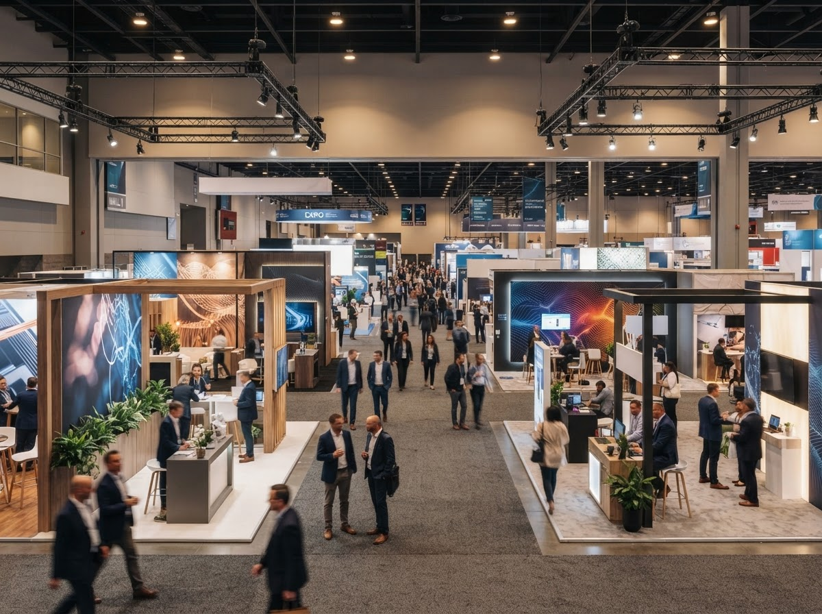 Pabellón de feria comercial y stands de exposición con visitantes