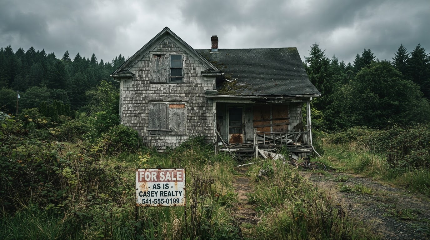 Distressed Oregon house with overgrown yard and faded for-sale sign