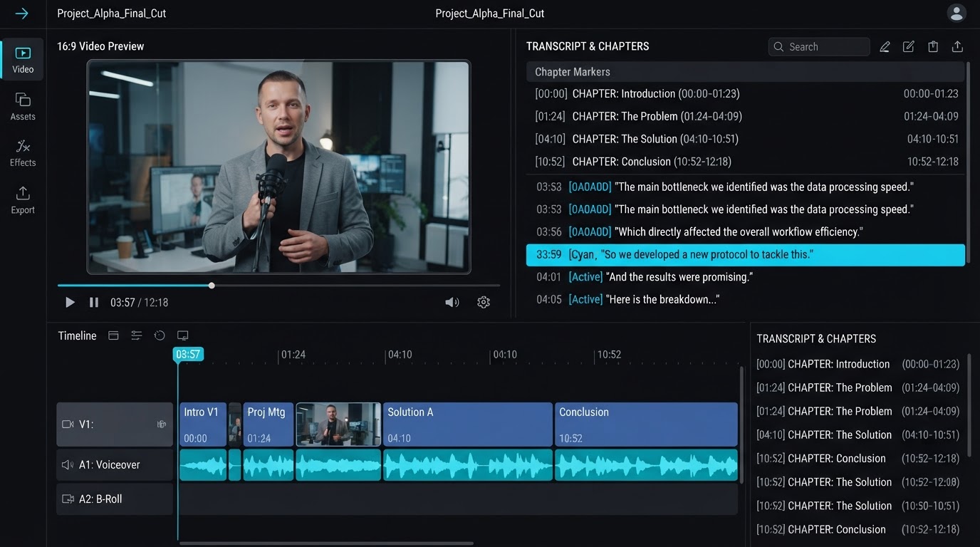A video preview beside its timestamped transcript and YouTube chapter list