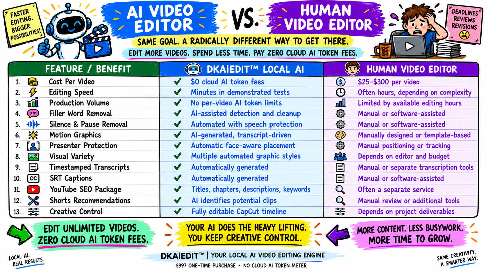 AI Video Editor vs. Human Video Editor comparison infographic for DKAiEDIT Local AI
