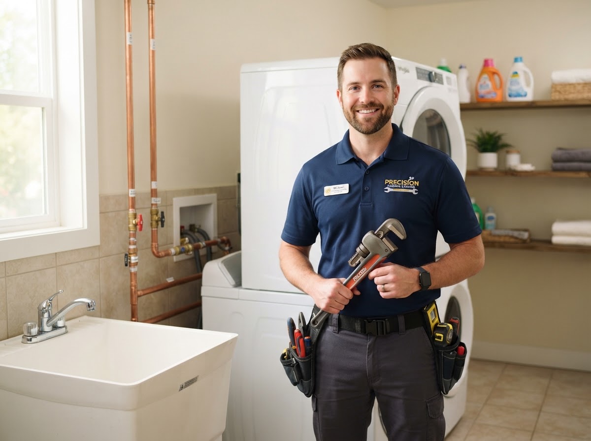 ProFlow plumber standing with tools in a bright residential space