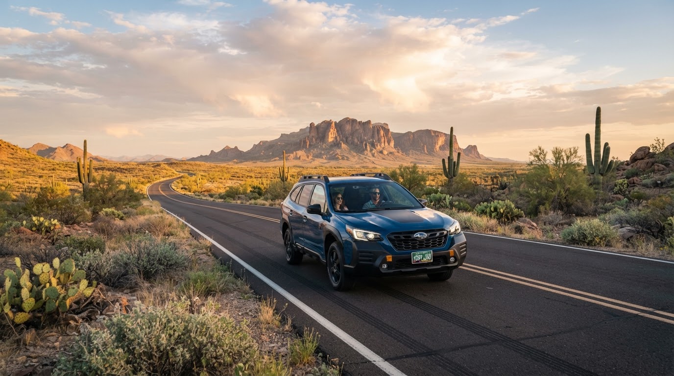 SUV driving on an Arizona desert highway near San Tan Valley, protected by auto insurance