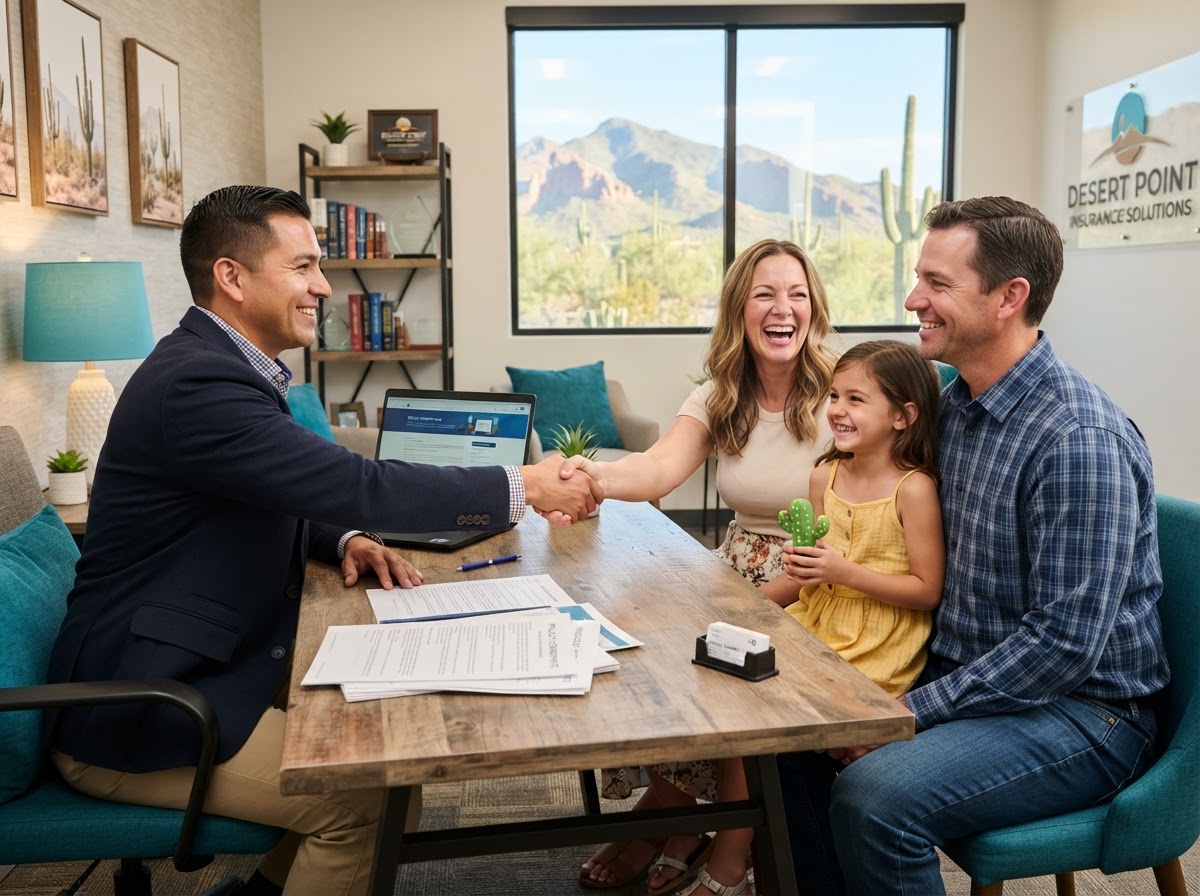San Tan Valley insurance broker shaking hands with a happy family in a local Arizona office