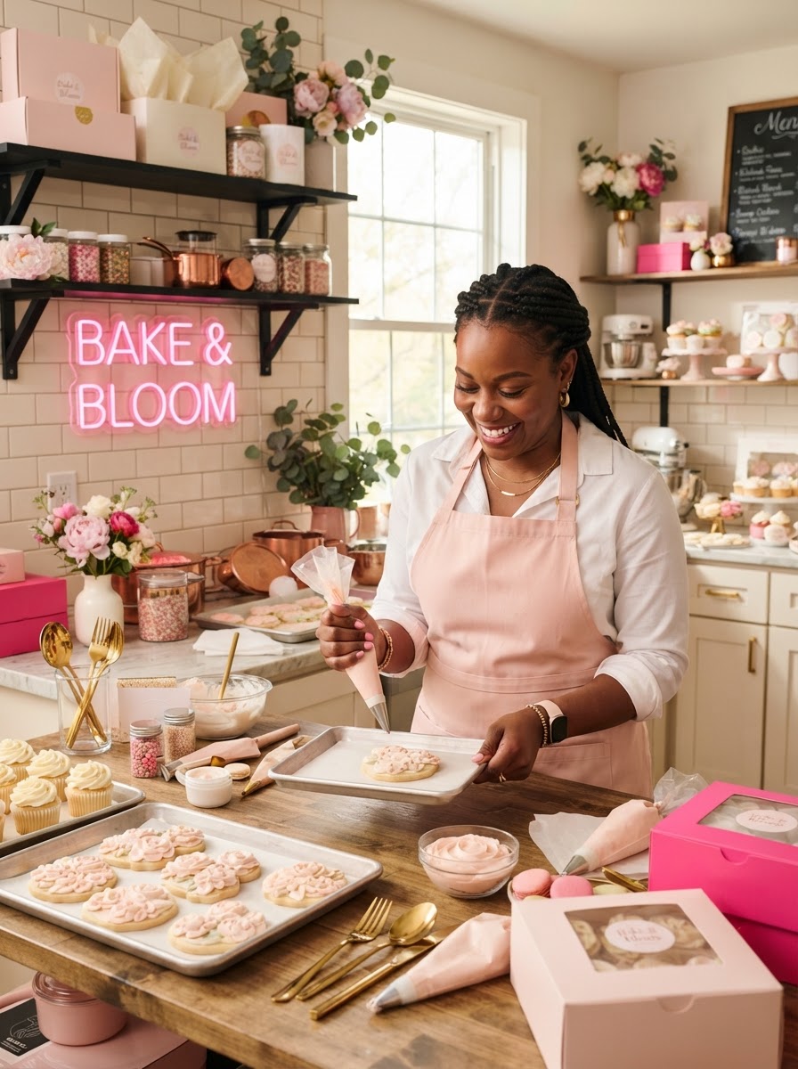 Black woman baker decorating pastries and packaging orders