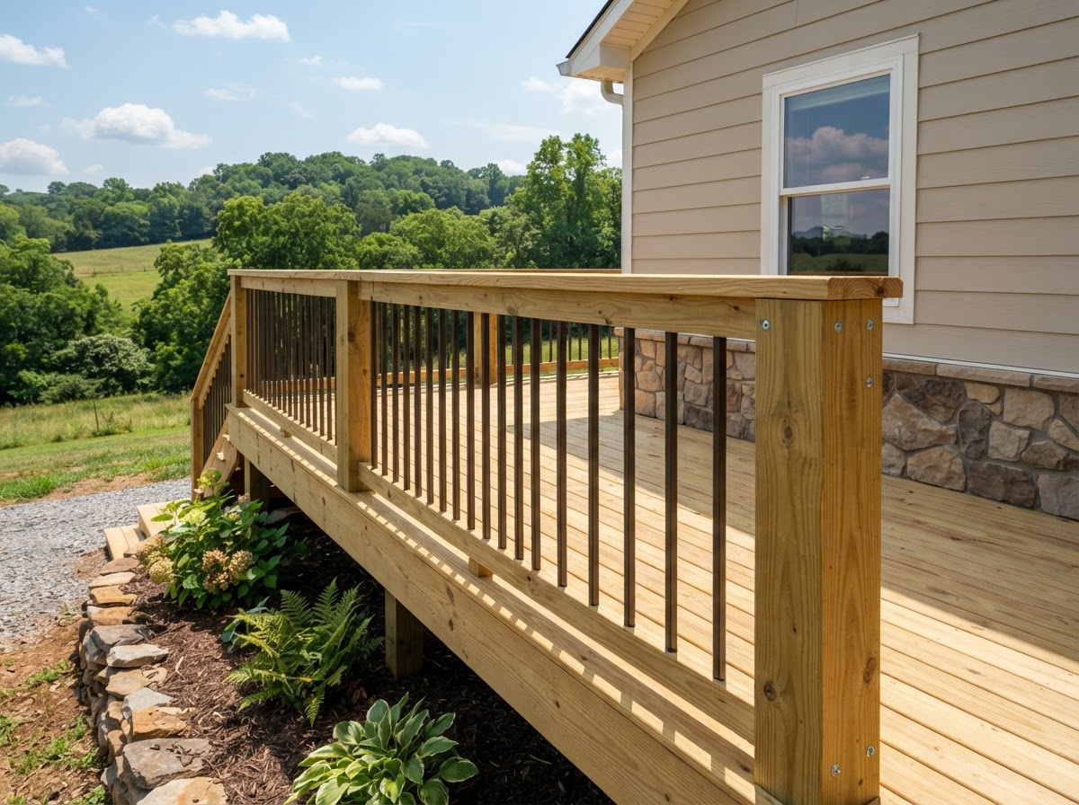 Long pressure treated deck with new vertical baluster railings in Columbia, TN