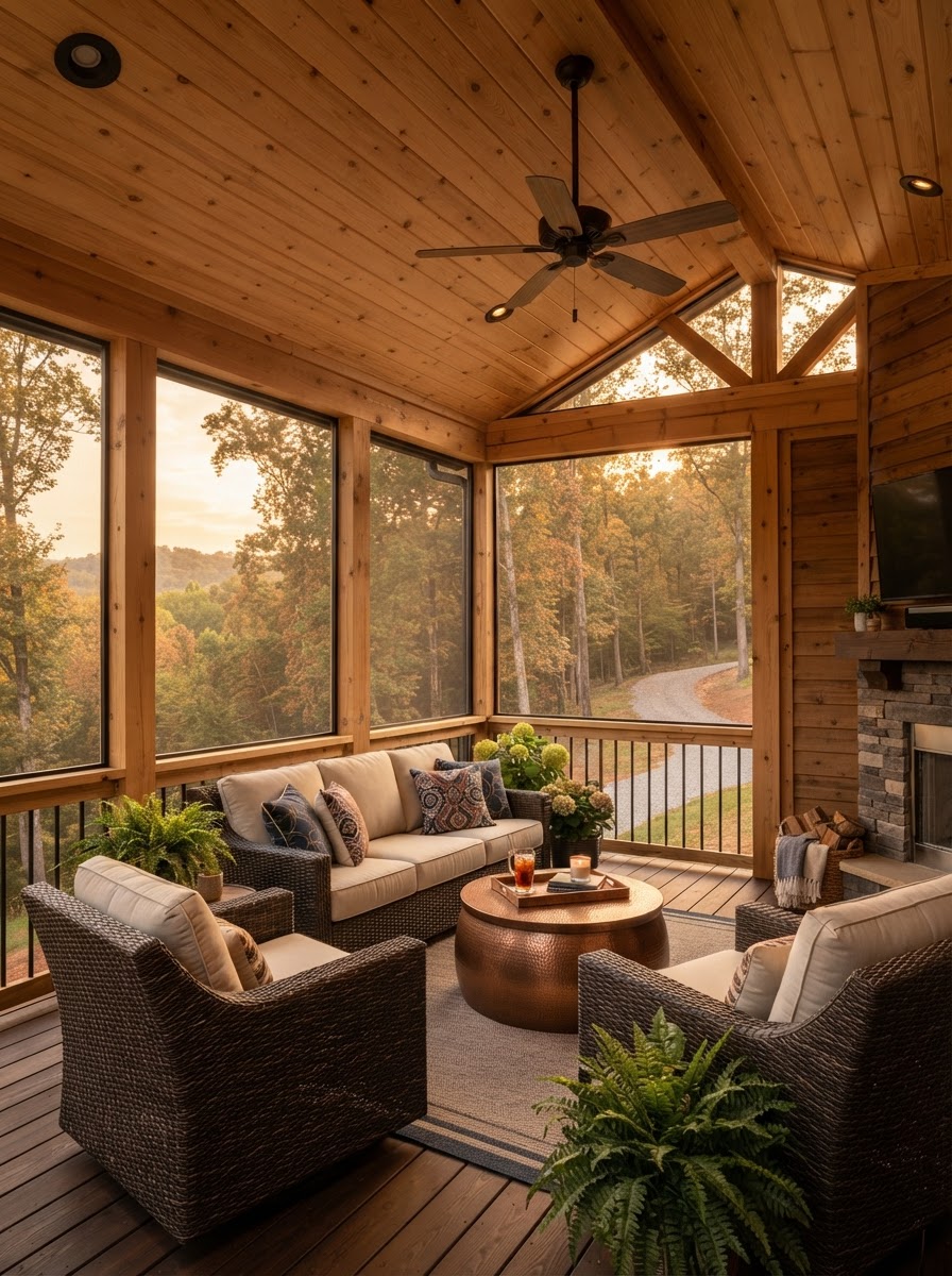 Inside a cedar screened room with tongue and groove ceiling, ceiling fans, and patio furniture overlooking a wooded backyard in Middle Tennessee