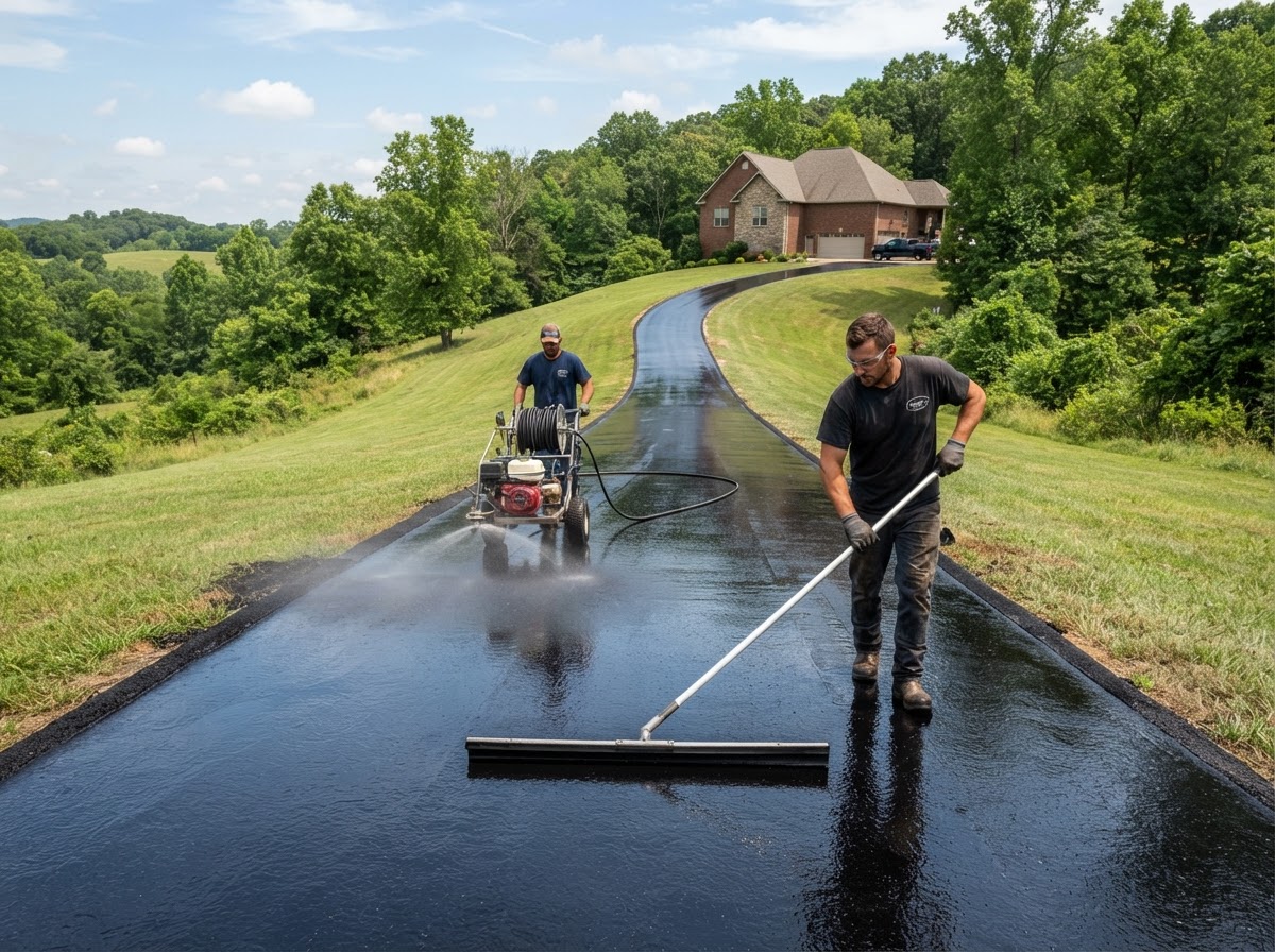 Prime Construction crew applying fresh seal coat to a long residential driveway