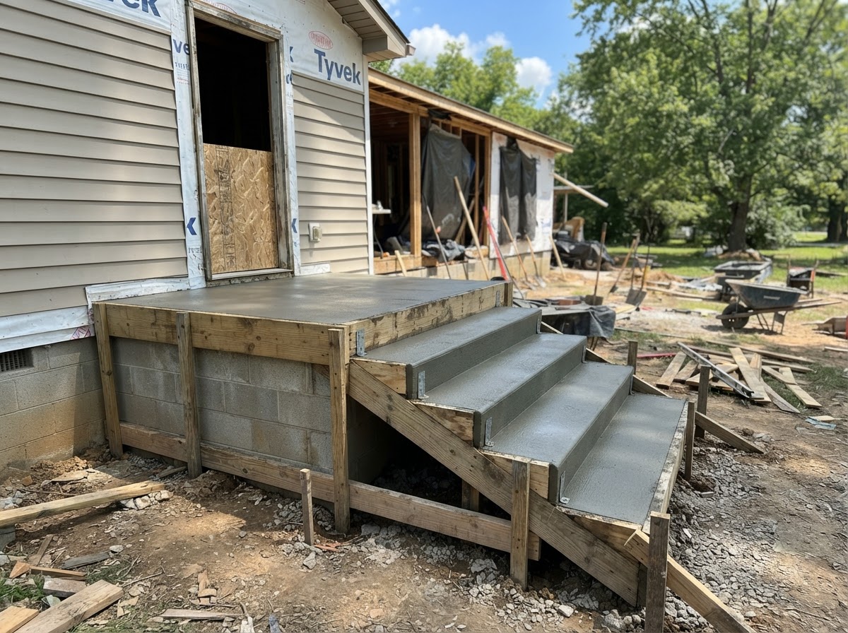 New poured concrete steps and porch landing against a home under renovation