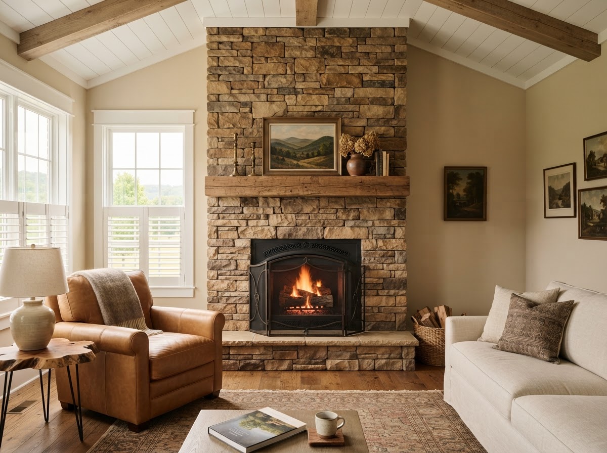 Stone veneer fireplace with rustic wood mantel