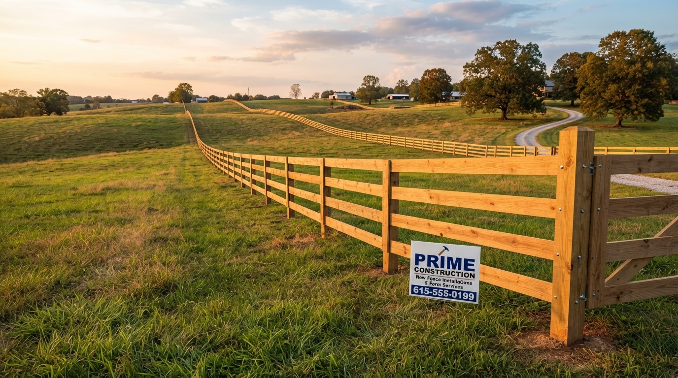 Over 1,000 feet of new wood rail fence with a Prime Construction yard sign in Lafayette, TN