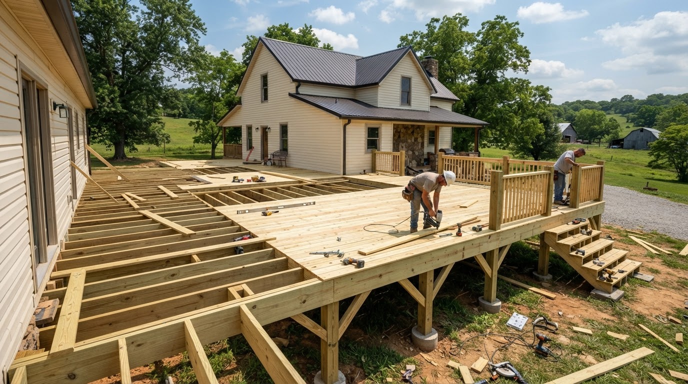 Large 1,600 square foot pressure treated wood deck under construction in Columbia, TN
