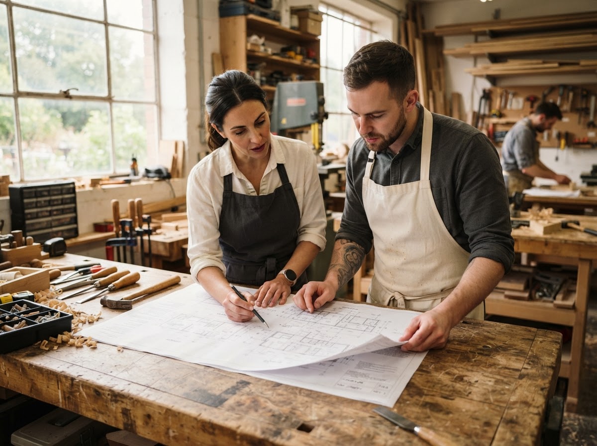 Two craftspeople reviewing architectural blueprints together