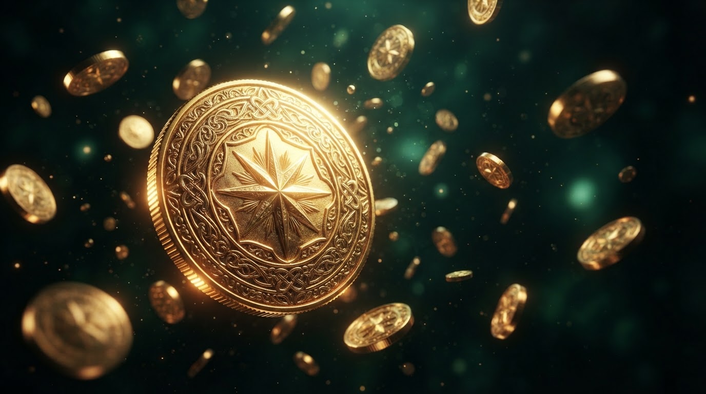Glowing gold SC Coins over a dark emerald clubhouse backdrop