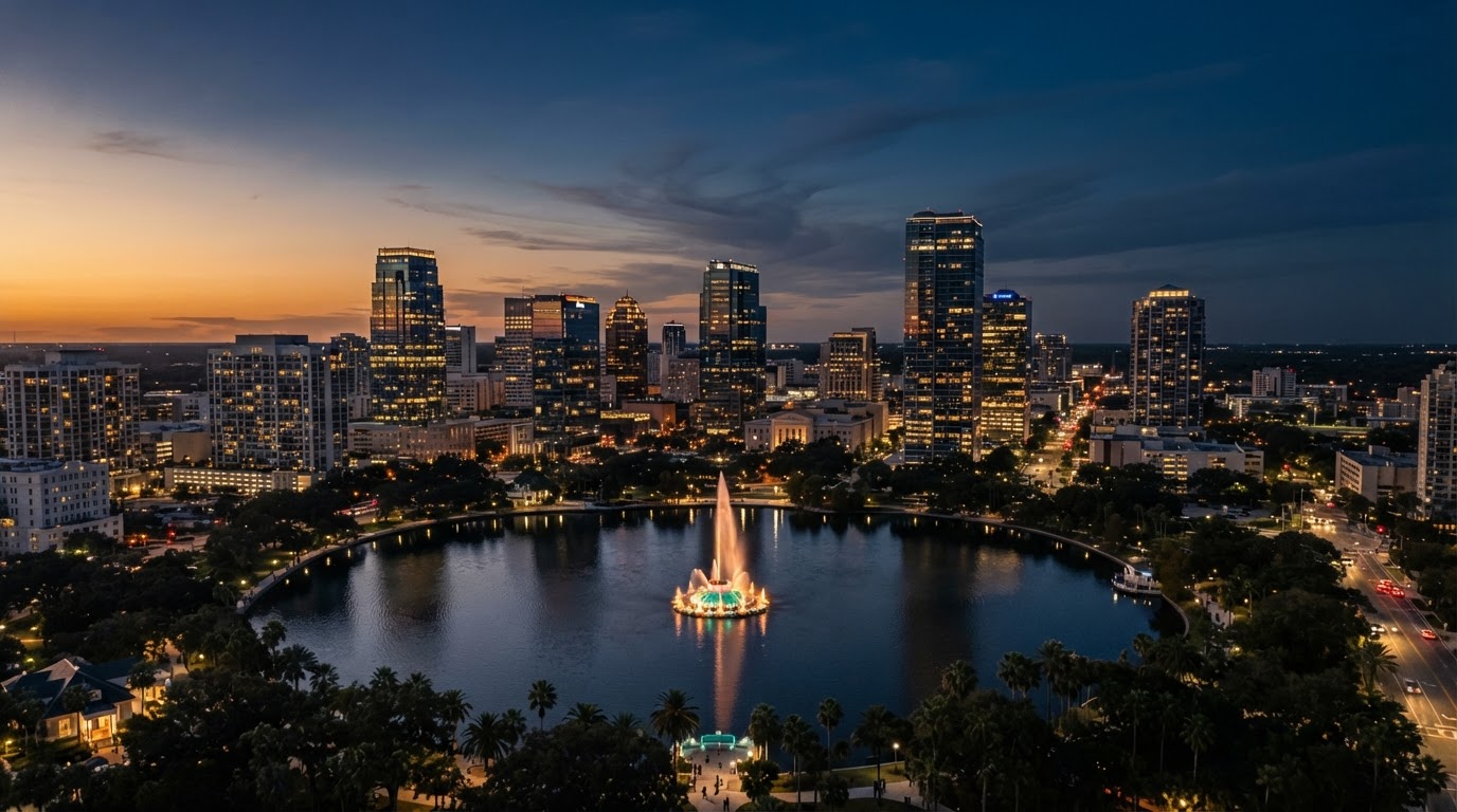 Downtown Orlando skyline at golden hour over Lake Eola