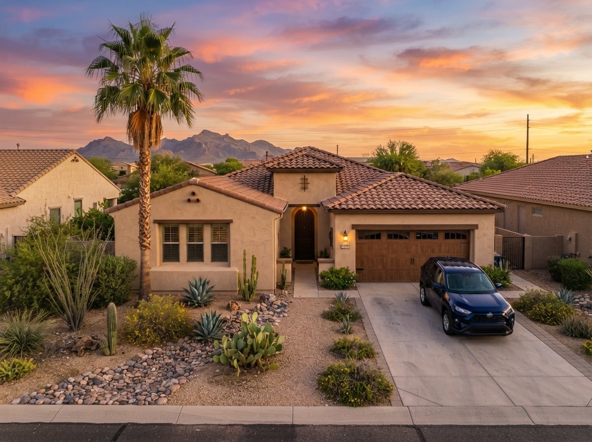 A Maricopa, Arizona stucco home with a car parked in the driveway at sunset, representing combined home and auto bundle insurance coverage