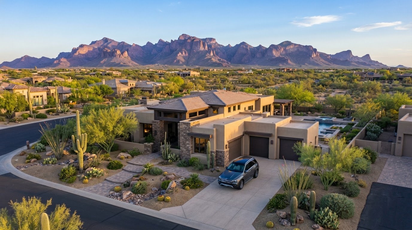 Modern Southwestern stucco home with a car in the driveway in Maricopa, Arizona at golden hour, representing home and auto insurance coverage