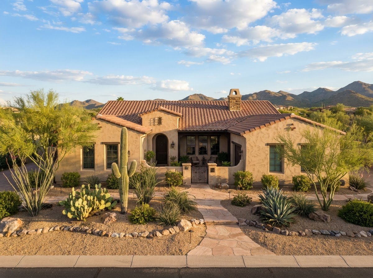 Southwestern stucco home with a terracotta tile roof and desert landscaping in Maricopa, Arizona