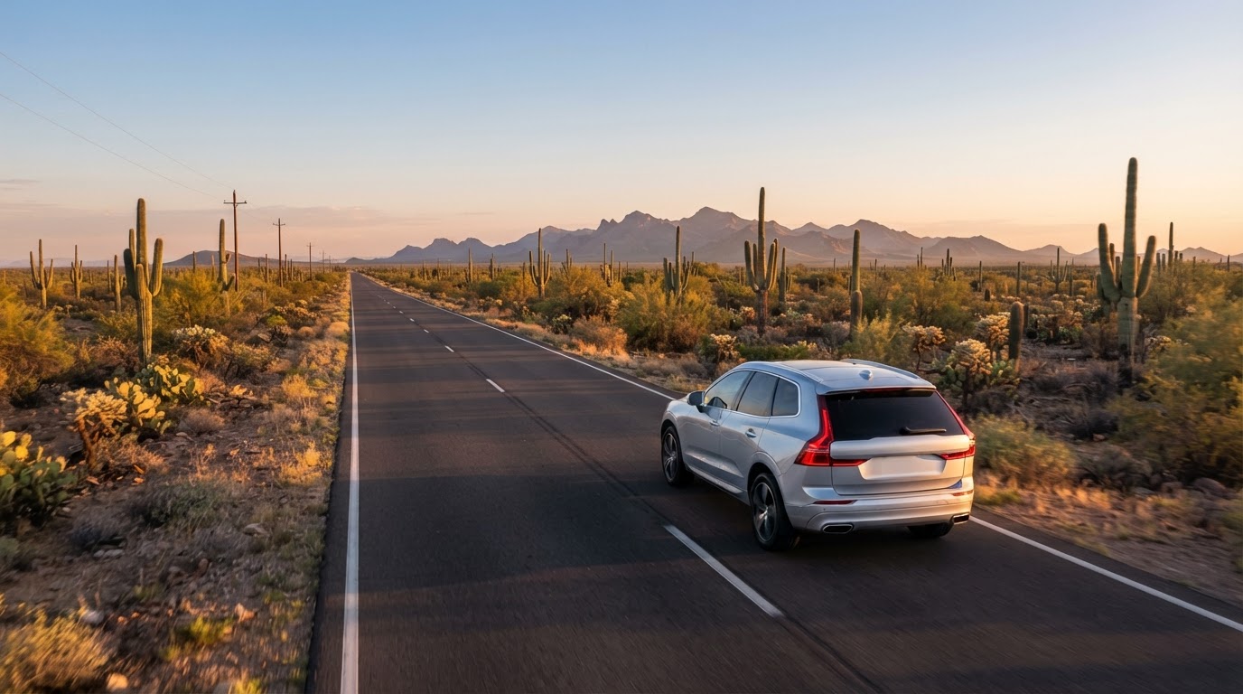 A clean SUV driving on a desert highway near Maricopa, Arizona at golden hour with saguaro cacti along the road