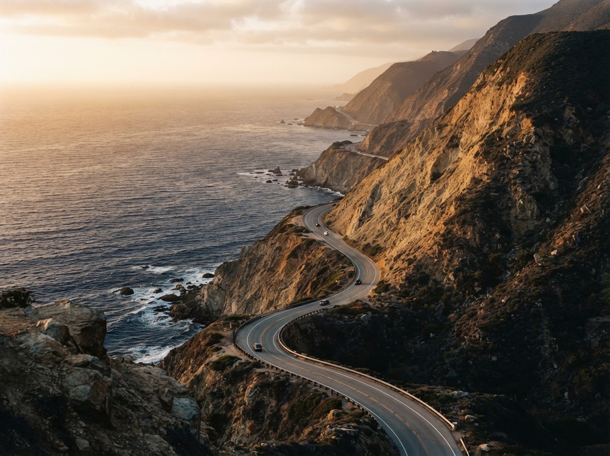 A winding coastal highway along a dramatic cliffside at golden hour
