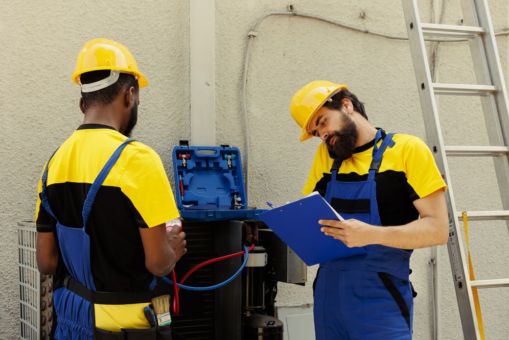 Two HVAC technicians servicing an outdoor air conditioning unit