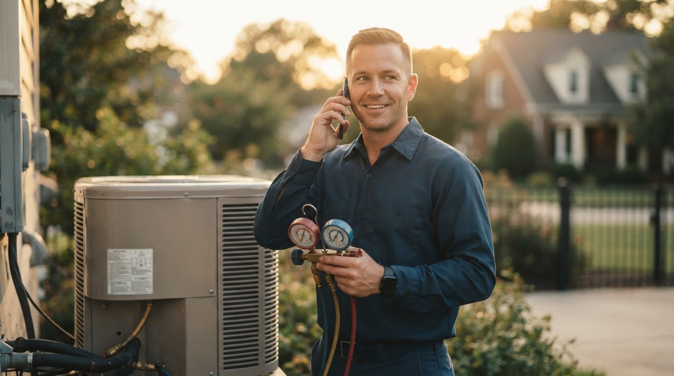 HVAC technician talking on the phone beside an open air conditioning unit with manifold gauges