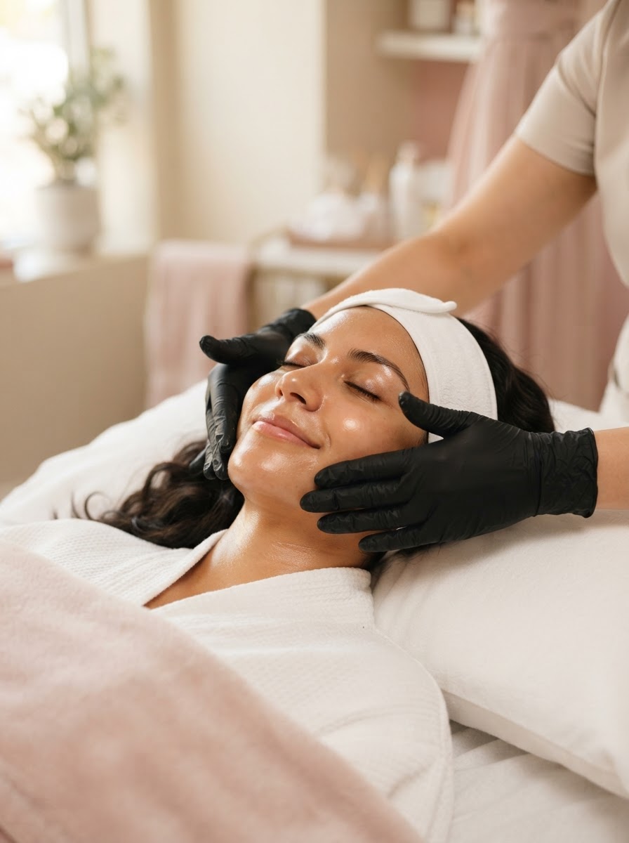 Latina woman relaxing during a luxury facial with black-gloved hands at Fact & Co