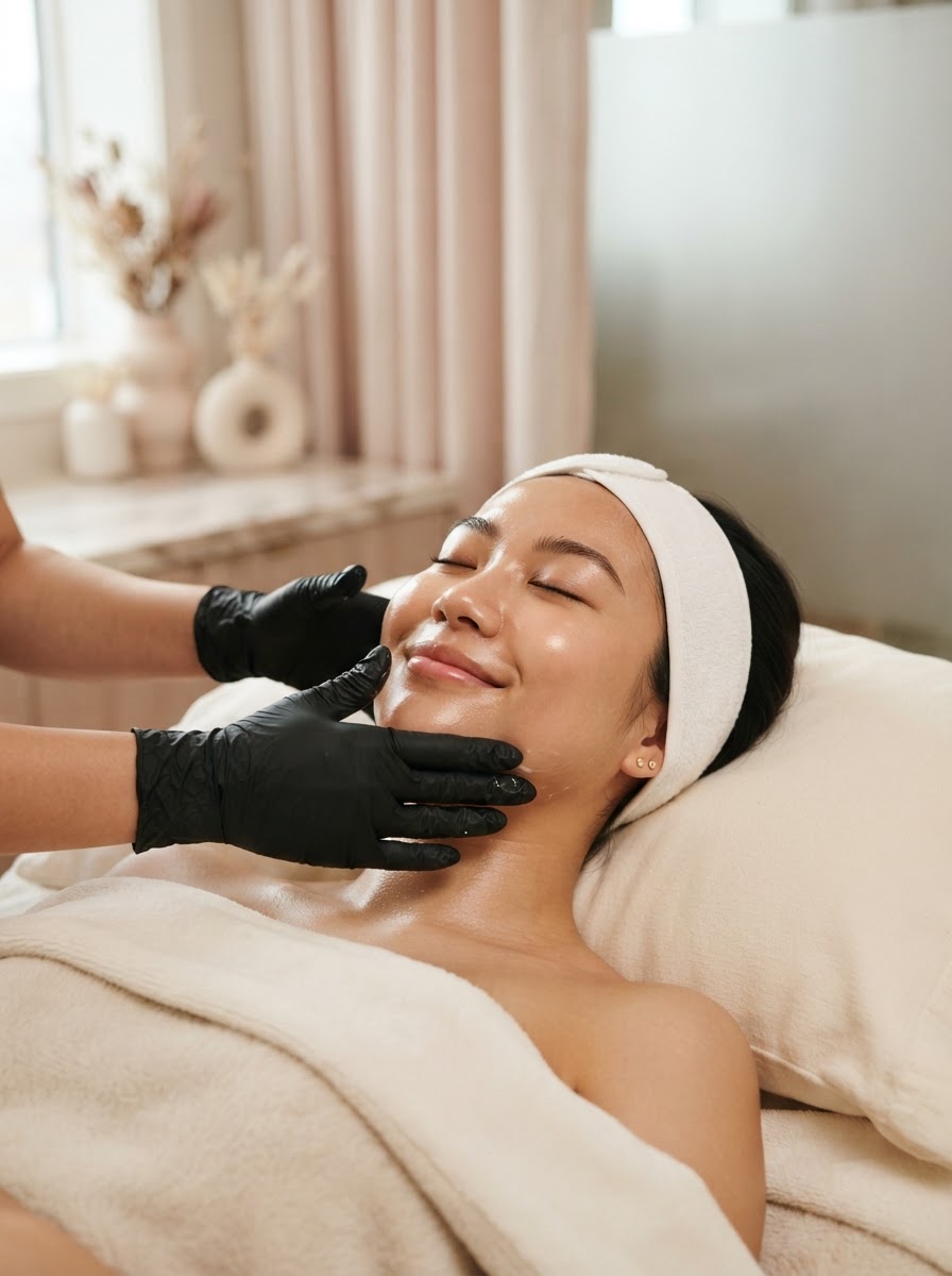 Asian woman relaxing during a luxury facial with black-gloved hands at Fact & Co