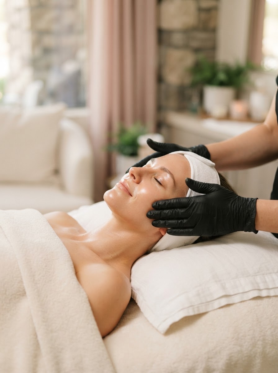 White woman relaxing during a luxury facial with black-gloved hands at Fact & Co