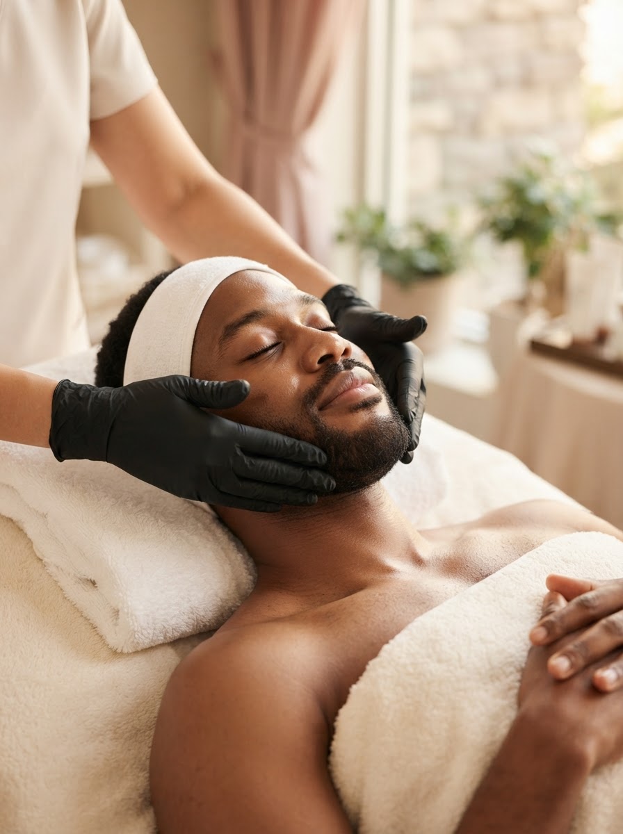 Black man relaxing during a luxury facial with black-gloved hands at Fact & Co