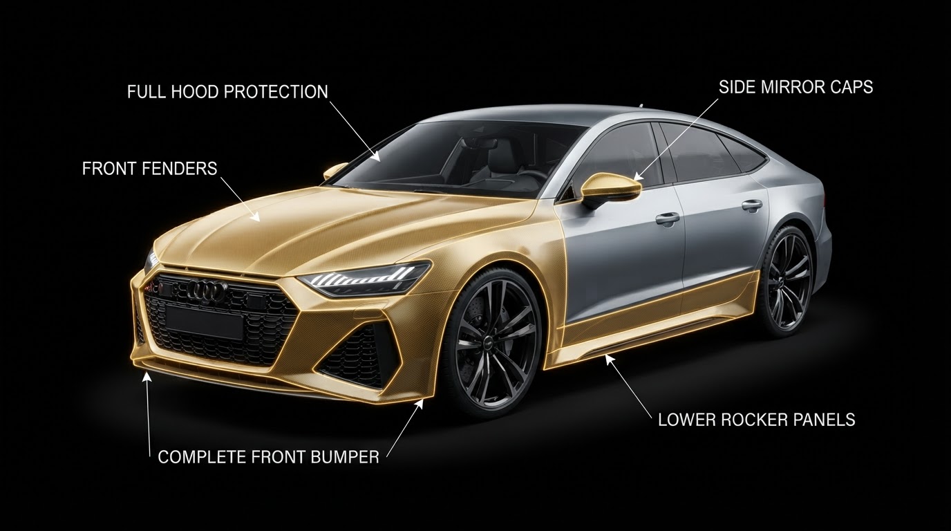 Icon Rocklear High Impact Zone Coverage Diagram — Front Bumper, Fenders, Hood, Mirrors, Rocker Panels