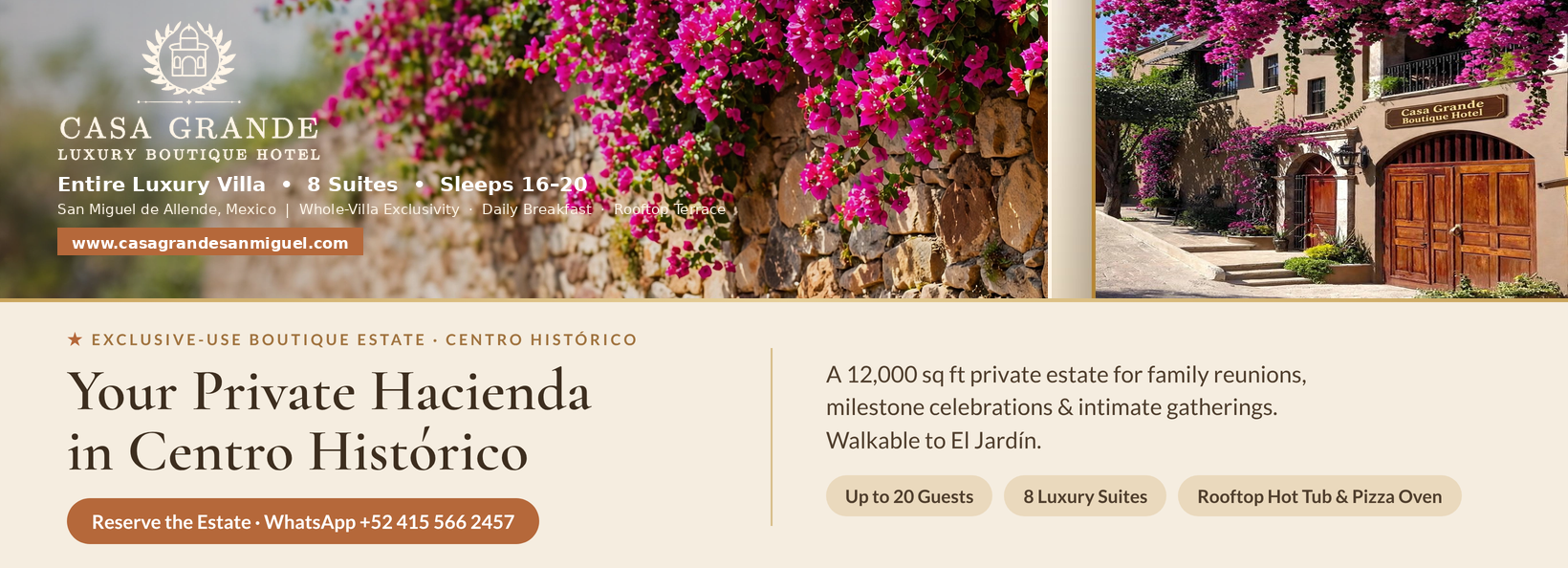 Casa Grande Luxury Boutique Hotel - Entire Luxury Villa, 8 Suites, Sleeps 16-20, San Miguel de Allende
