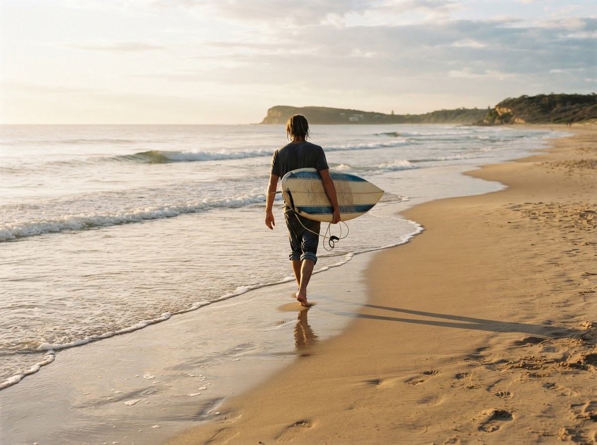 Walking barefoot along the water's edge at Umina Beach with a surfboard, early morning golden light