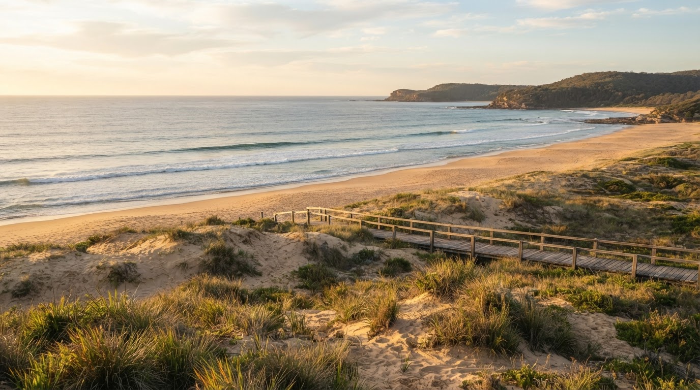 Sand dunes at golden hour on the Central Coast, soft tussock grasses and muted ocean beyond