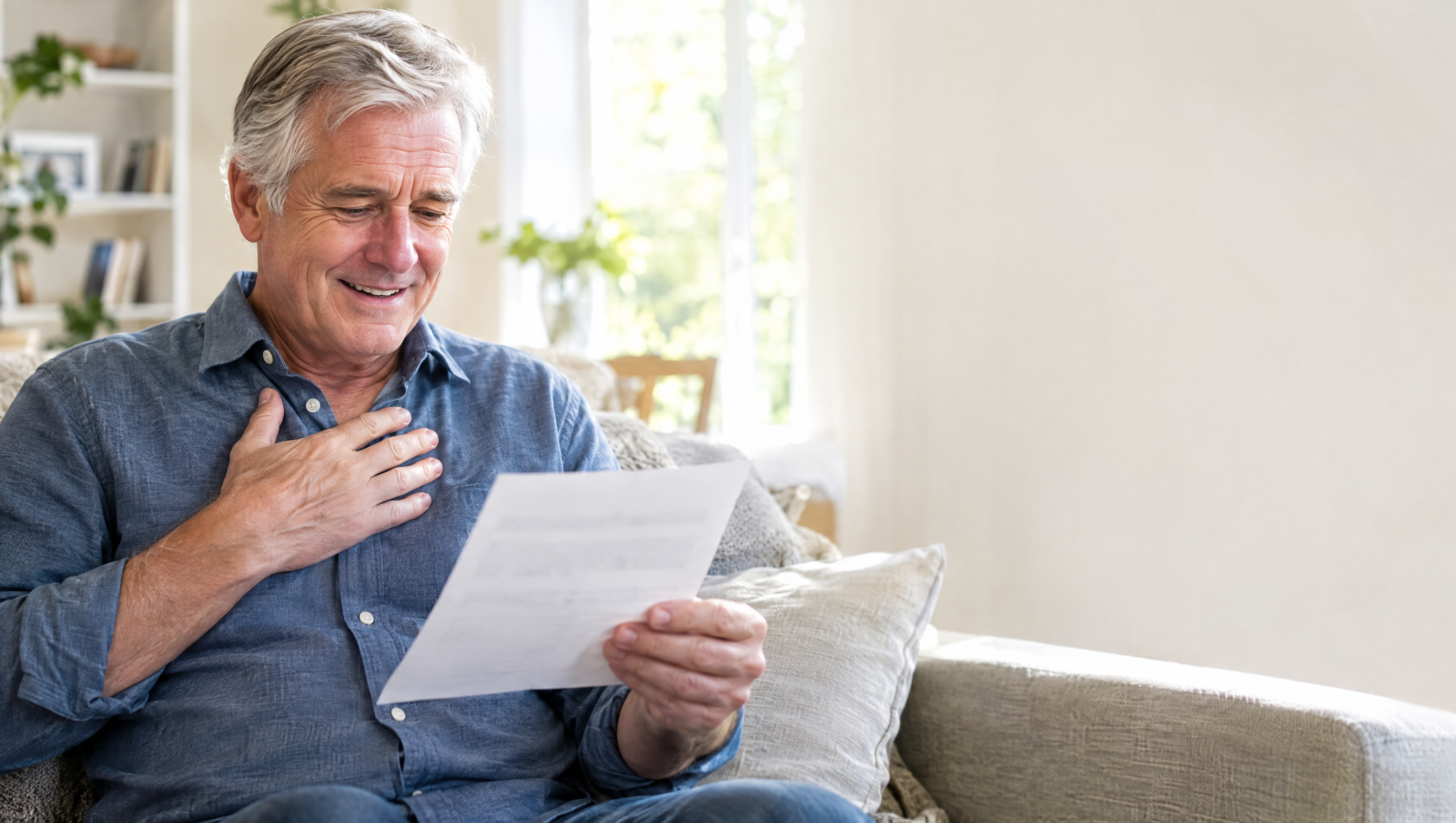 A man reading a letter on his sofa with a look of relief.
