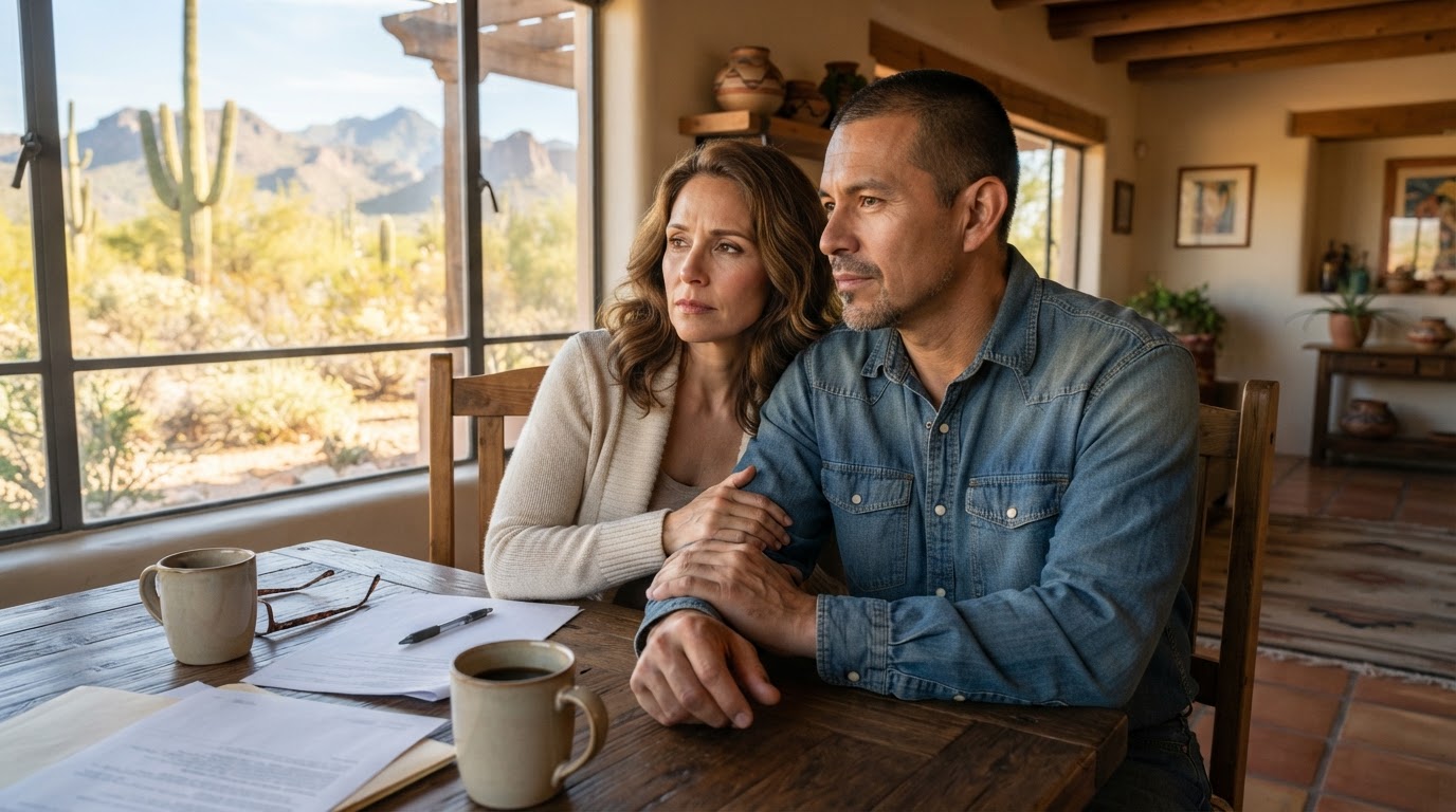 A couple sitting together at their kitchen table in the morning light, looking relieved and hopeful.