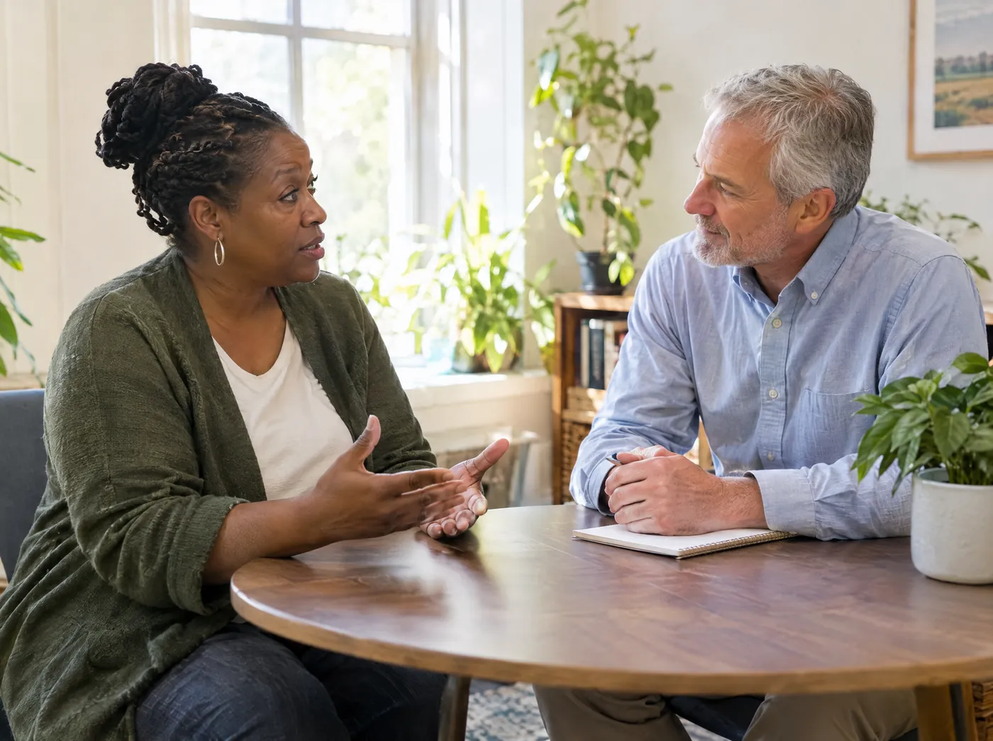 A homeowner explaining her situation to an advisor who is listening closely.
