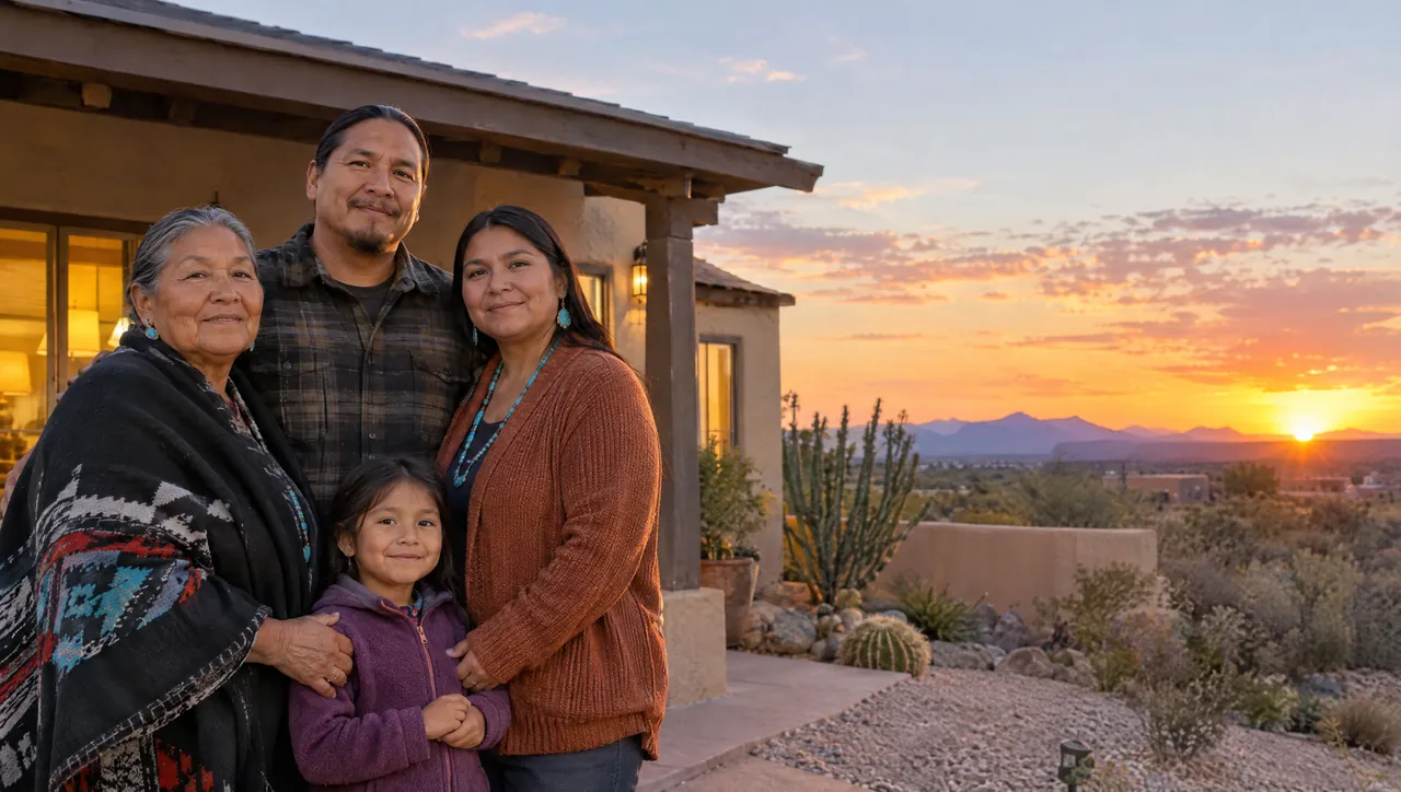 A multigenerational family standing together on the porch of their Southwestern home at sunset.