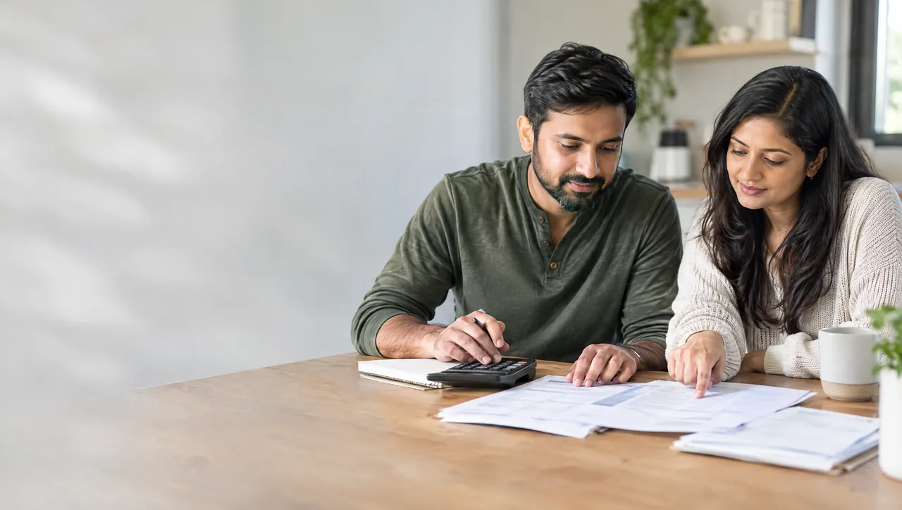 A couple working through the numbers together at their kitchen table.
