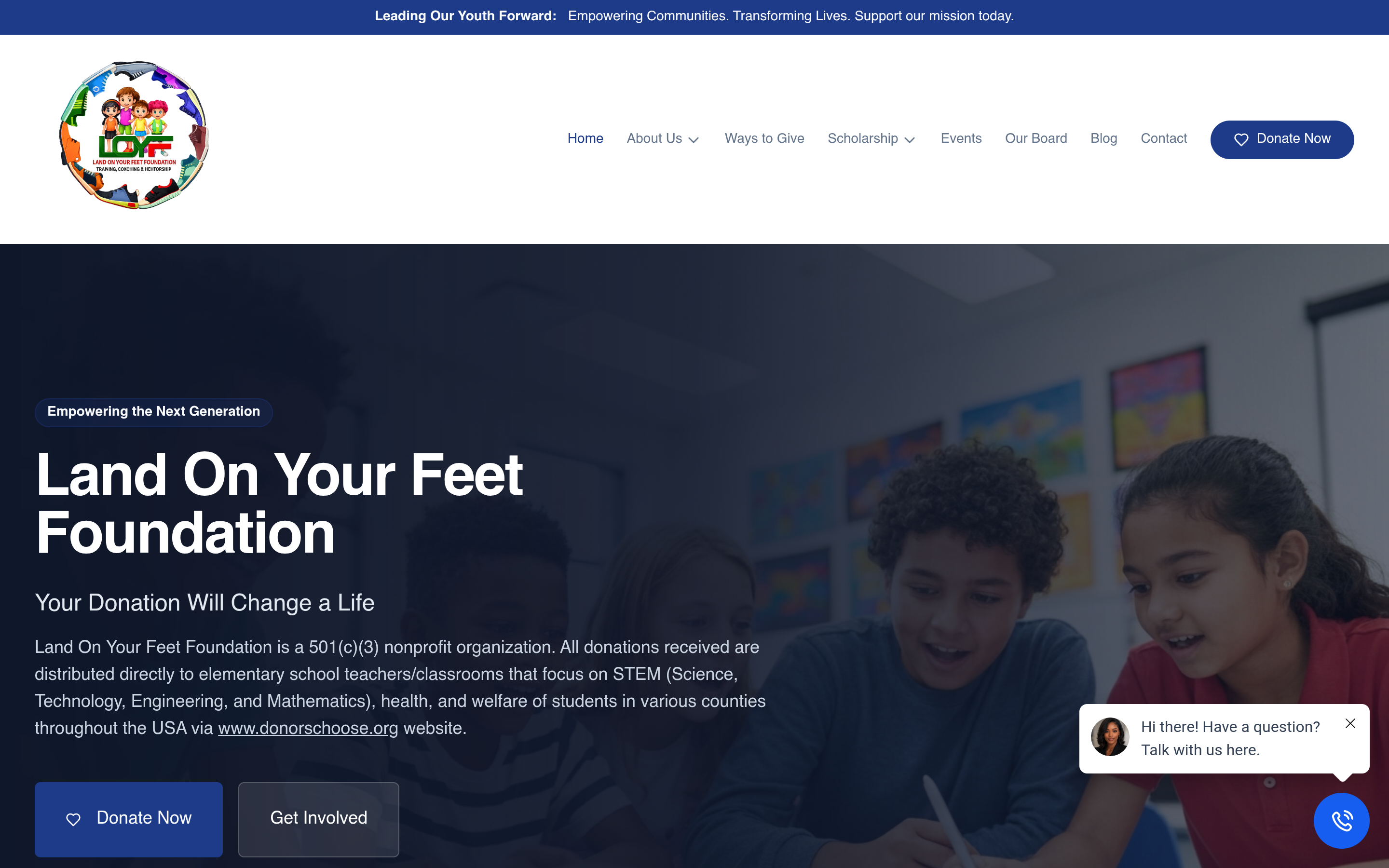 Land On Your Feet Foundation live homepage hero preview with header, navigation, and headline