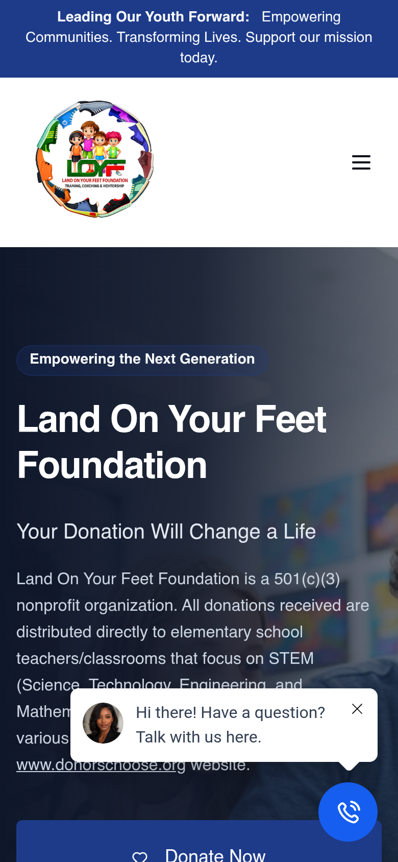 Land On Your Feet Foundation mobile responsive homepage view