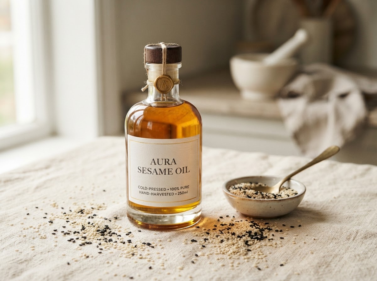 Cold-pressed sesame oil in a clear glass bottle with white and black sesame seeds