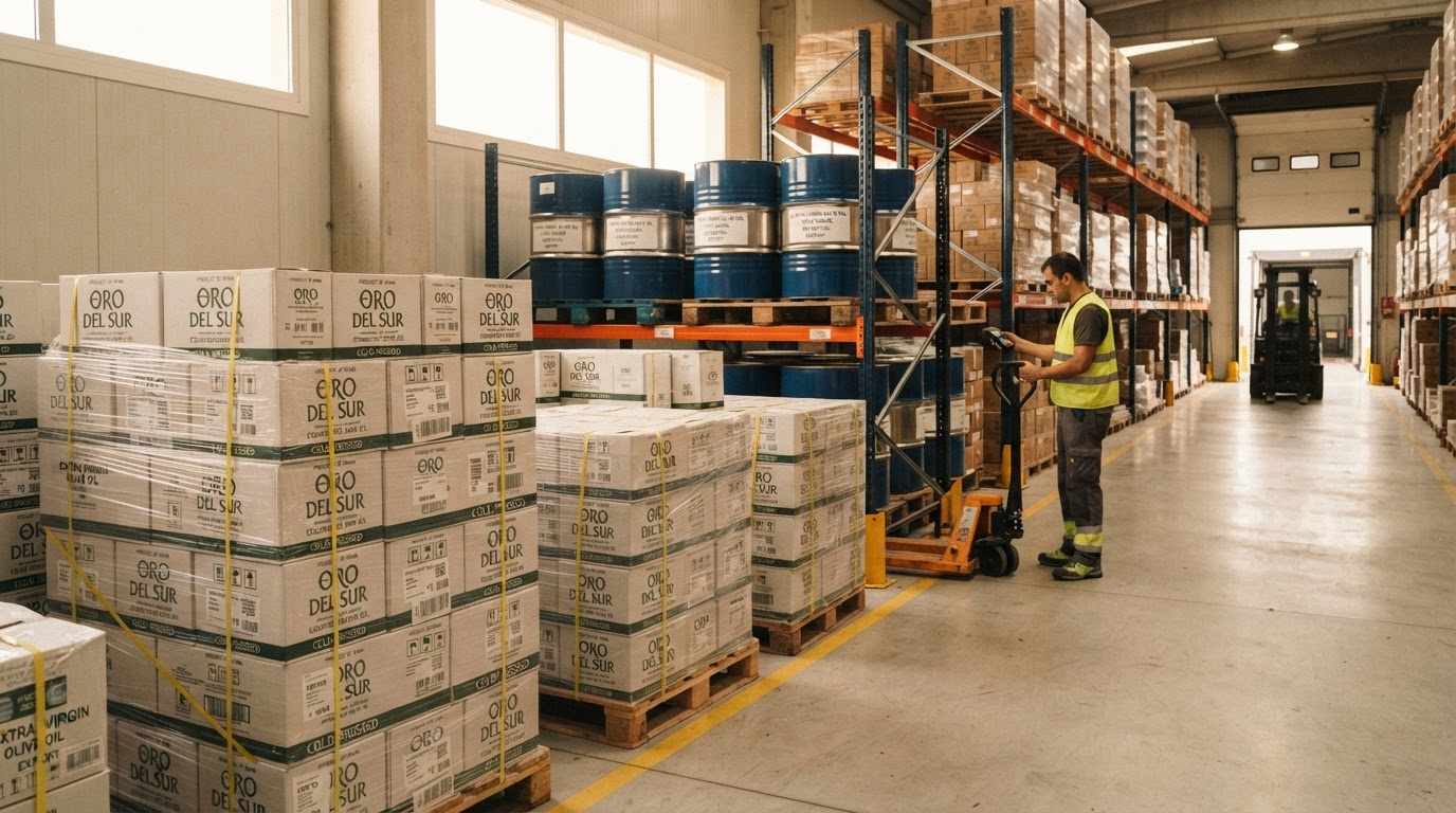 Pallets of boxed oil prepared for export shipment in a warehouse