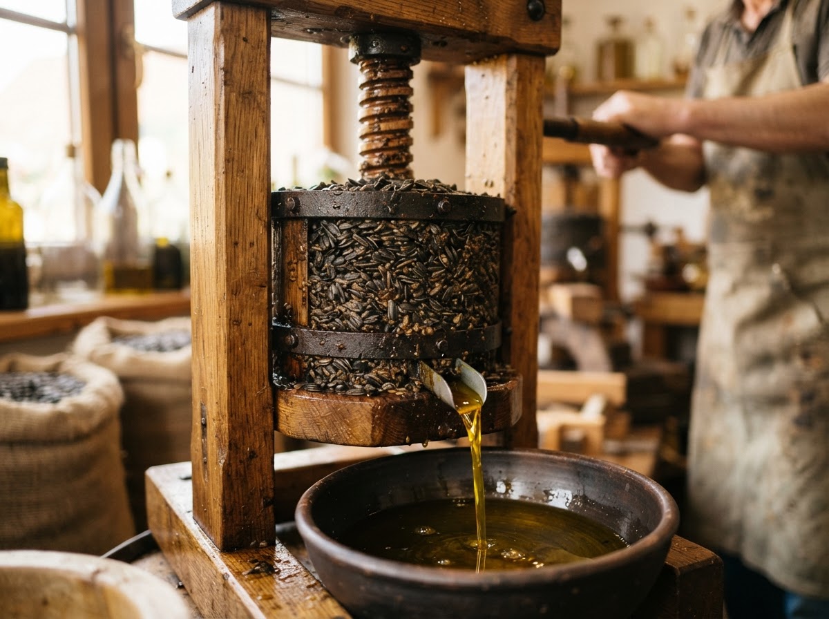 Oil being pressed from seeds in a mechanical press